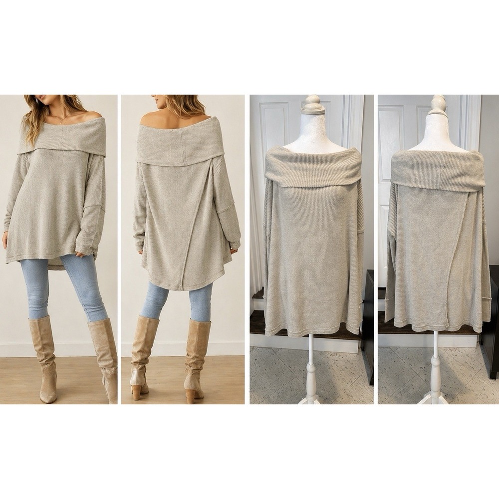 We The Free Free People Oversized Off Shoulder Rib Knit  Sweater Med  Oatmeal